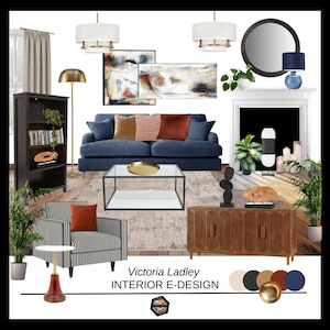 Op de afbeelding: Een interieurontwerpconcept met een marineblauwe bank met decoratieve kussens, een gestreepte fauteuil en een salontafel met glazen blad. De kamer bevat een open haard, kunstwerken en een houten kast. De tekst "Victoria Ladley INTERIOR E-DESIGN" is zichtbaar.