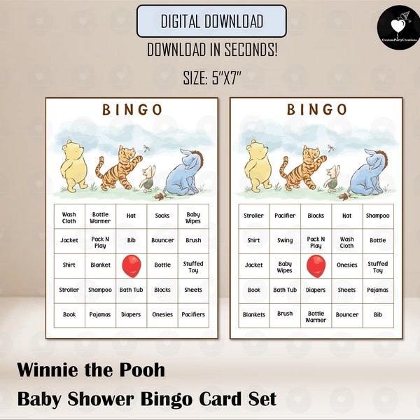 Classic Winnie the Pooh Baby Shower Bingo Card Set, White, Digital File