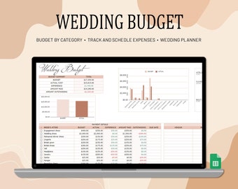 May include: A computer screen displaying a wedding budget spreadsheet with a bar graph showing budget vs. actual costs. The spreadsheet includes categories for bride's attire, venue, flowers, and more. The spreadsheet is titled "Wedding Budget" and includes a summary of the budget, actual cost, difference, amount paid, and amount outstanding.