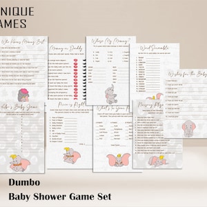May include: A set of nine printable baby shower games featuring a Dumbo theme. The games include "Who Knows Mommy Best", "Mommy or Daddy", "Whose My Mommy?", "Word Scramble", "Wishes for the Baby", "Abe's Baby Game", "Price is Right", "What's in Your Nursery", and "Nursery Rhymes".