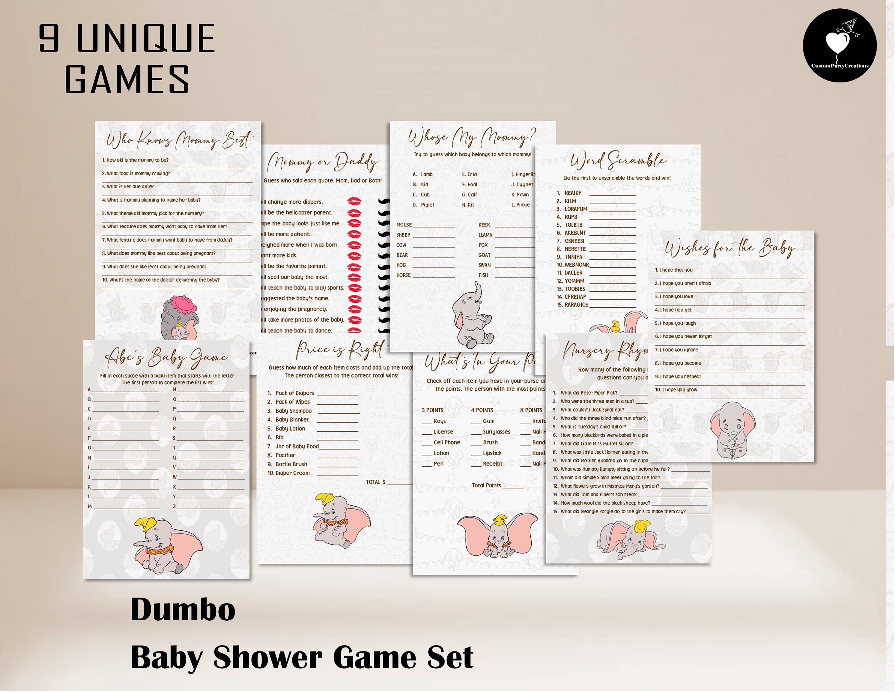Dumbo Baby Shower Games, Grey, Baby Shower Game Digital File