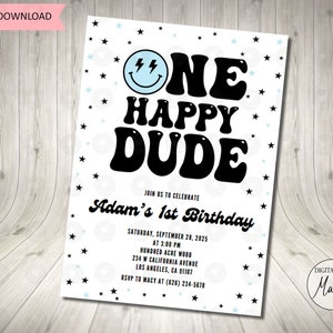 One Happy Dude Birthday Invitation, 1st Birthday Invite Blue Smiley Face Birthday Digital Invite, Digital Birthday