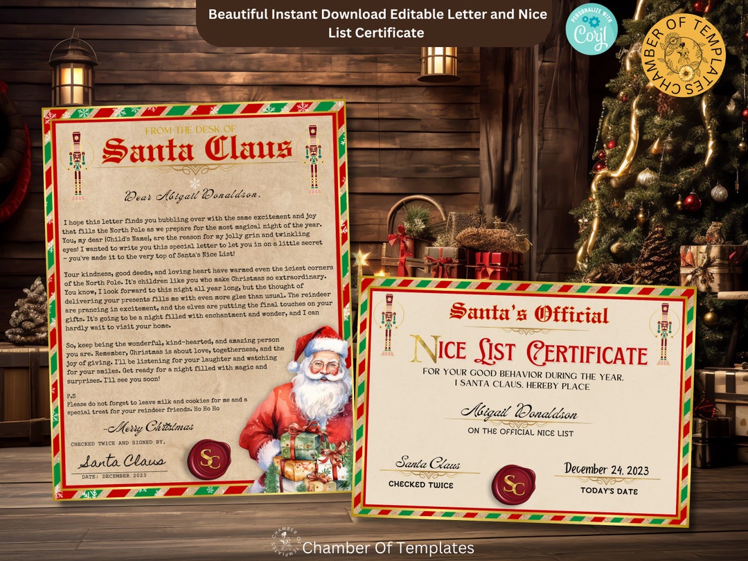 EDITABLE BUNDLE Letter From Santa Nice List Certificate Editable ...