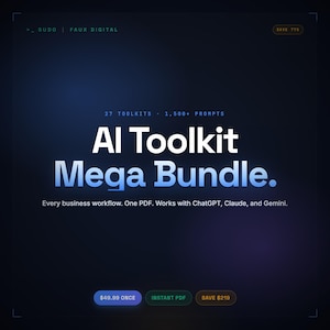 Könnte beinhalten: Dunkelblaues Grafikdesign mit dem Text "AI Toolkit Mega Bundle". Enthält den Text "27 Toolkits - 1.500+ Prompts". Der Text "Every business workflow. One PDF. Works with ChatGPT, Claude, and Gemini." ist ebenfalls enthalten.
