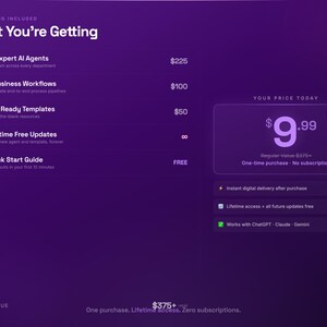 Op de afbeelding: Een paarse afbeelding met witte tekst die de kenmerken van een product beschrijft, waaronder 15 expert AI-agenten, 8 zakelijke workflows en 32+ kant-en-klare sjablonen. De prijs wordt weergegeven als &euro;9,99 met 97% korting.