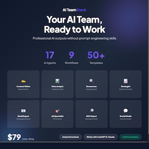 Op de afbeelding: Een donkerblauwe afbeelding met de tekst "Al TeamStack" en "Your AI Team, Ready to Work". Het toont 17 AI Agents, 9 Workflows en 50+ Templates. De afbeelding bevat ook iconen voor verschillende AI-diensten en de tekst "Instant Download".