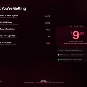 K&ouml;nnte beinhalten: Dunkelroter Grafik mit wei&szlig;em Text, der die Funktionen eines digitalen Produkts beschreibt. Der Text enth&auml;lt "15 Expert AI Sales Agents", "8 Sales Workflows" und "32+ Ready Templates". Eine rosa Box zeigt den Preis von 9,99 &euro; an.