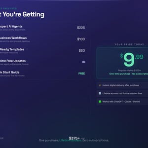 K&ouml;nnte beinhalten: Dunkelblaue Grafik mit wei&szlig;em Text, der ein Softwarepaket beschreibt. Der Text enth&auml;lt "What You're Getting", "25 Expert AI Agents", "12 Business Workflows", "31+ Ready Templates", "Lifetime Free Updates" und "Quick Start Guide". Der Preis betr&auml;gt 9,99 &euro;.