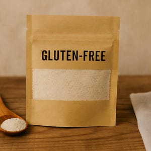 May include: A brown paper bag marked "GLUTEN-FREE" with a clear window, containing a white powder. A wooden spoon with a small amount of the powder is on the left. The bag is on a wooden surface.