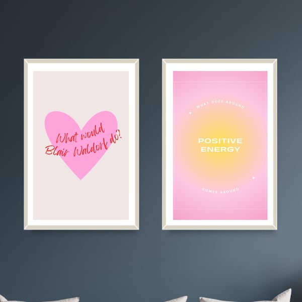 Trendy dorm wall art Set of 2 prints | Pink Heart | Gossip Girl poster | Preppy Aesthetic room decor College dorm decor PRINTABLE ART