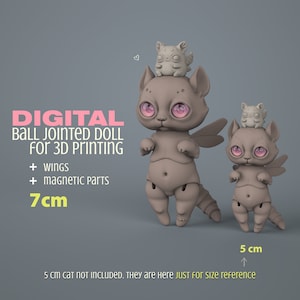 7 cm BJD Doll Full Set 3D Printable Cat with Wings, Magnetic Head & Accessories - Digital STL OBJ Files