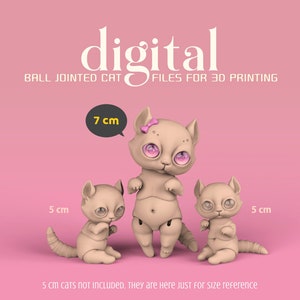 7 cm Poseable Art Doll - Digital Ball Jointed Cat for 3D Printing. Includes Head and Belly Piece with a Bow