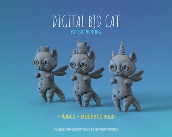 5 cm BJD Doll Full Set 3D Printable Cat + Wings and Interchangeable Magnetic Accessories