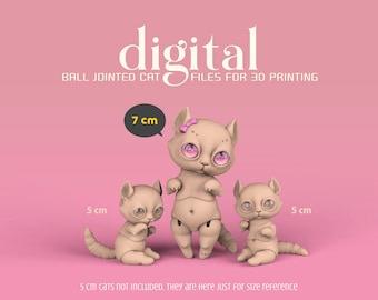 7 cm Poseable Art Doll - Digital Ball Jointed Cat for 3D Printing. Includes Head and Belly Piece with a Bow
