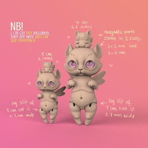 2 digital 3D printable BJD anthro cats - 5 and 7 cm tall with magnetic cute chubby pet on head and dragonfly wings. Pink eyes and background.