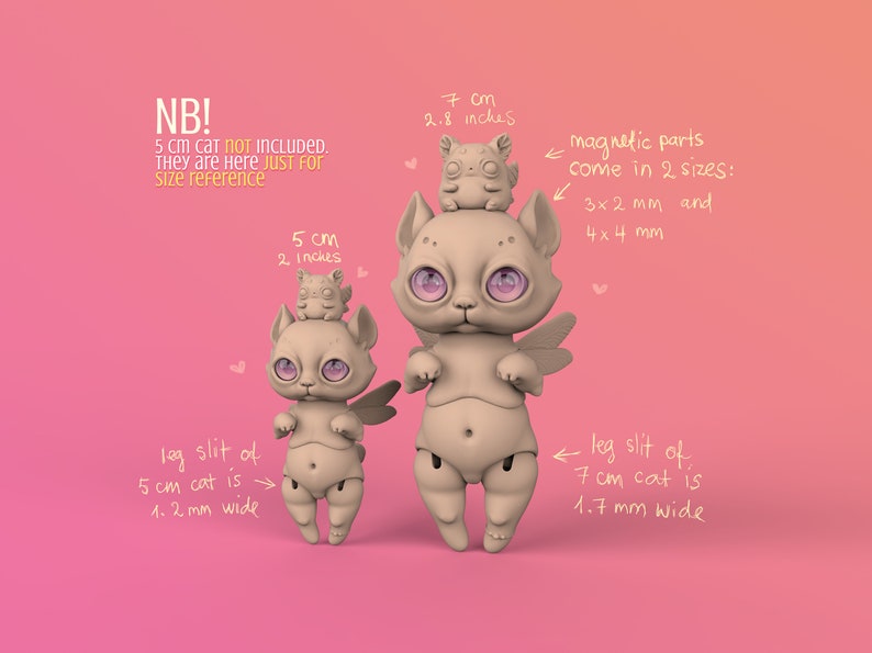 2 digital 3D printable BJD anthro cats - 5 and 7 cm tall with magnetic cute chubby pet on head and dragonfly wings. Pink eyes and background.