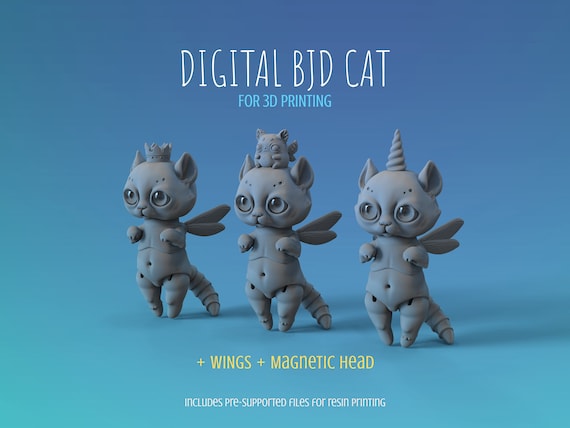 5 cm BJD Doll Full Set 3D Printable Cat + Wings and Interchangeable Magnetic Accessories