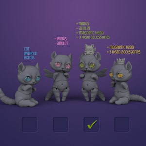 4 3D printable gray ball jointed cat dolls in deep purple studio. First and last sit, middle ones stand on hind legs. Describes additional parts coming with each tier of downloadable cat BJD.