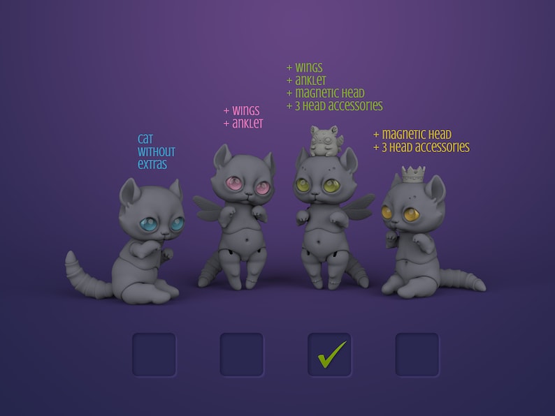 4 3D printable gray ball jointed cat dolls in deep purple studio. First and last sit, middle ones stand on hind legs. Describes additional parts coming with each tier of downloadable cat BJD.