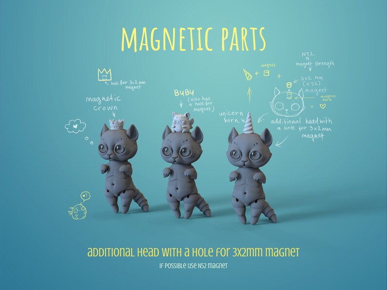 3 grey digital 3D printable ball jointed doll anthro cats in a teal photo studio. First has a magnetic crown, the second a pet and third a unicorn horn on their head. Picture describing magnetic parts.
