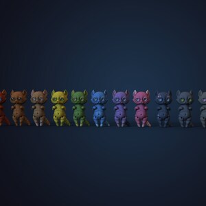 Photo studio with prussian blue backdrop. Horizontal row of 11 digital ball jointed anthro cats in adjacent colours with colourful eyes.