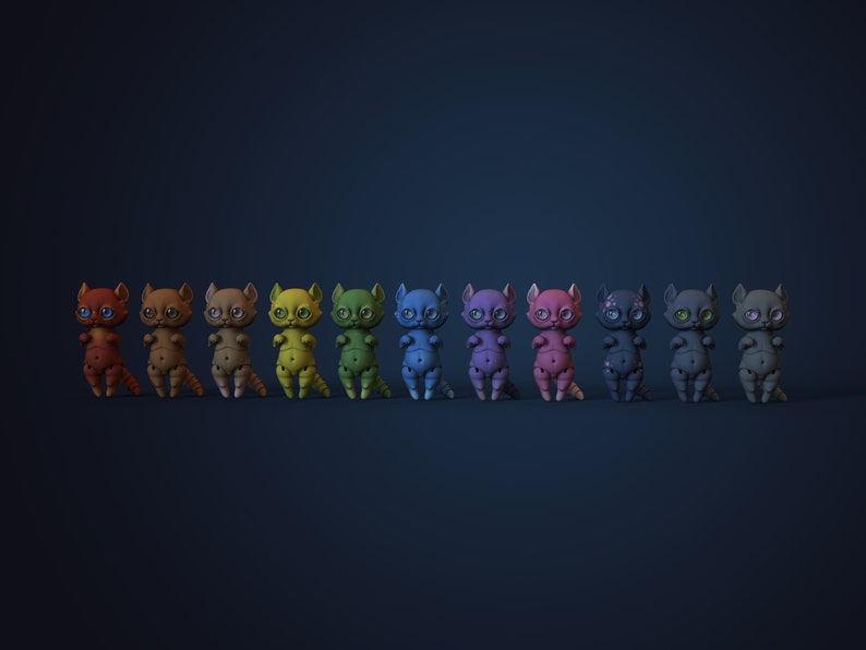 Photo studio with prussian blue backdrop. Horizontal row of 11 digital ball jointed anthro cats in adjacent colours with colourful eyes.