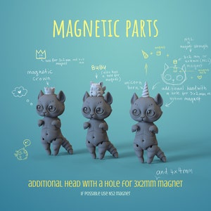 3 grey digital 3D printable ball jointed doll anthro cats in a teal photo studio. First has a magnetic crown, the second a pet and third a unicorn horn on their head. Picture describing magnetic parts.
