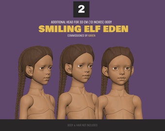3D Printable BJD Doll Head for 33 cm (13 inches) Body. Smiling Elf Eden Version 2. Digital OBJ and STL Files
