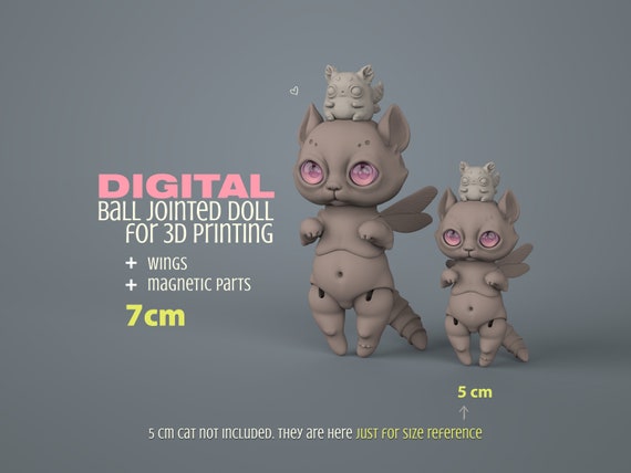7 cm BJD Doll Full Set 3D Printable Cat with Wings, Magnetic Head & Accessories - Digital STL OBJ Files