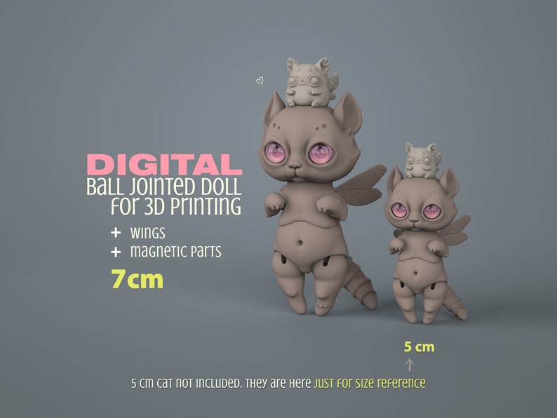 2 digital 3D printable BJD anthro cats - 5 and 7 cm tall with magnetic cute chubby pet on head and dragonfly wings. Pink eyes.