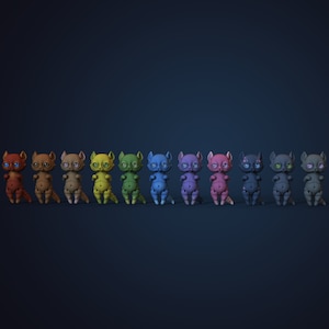 Photo studio with prussian blue backdrop. Horizontal row of 11 digital ball jointed anthro cats in adjacent colours with colourful eyes.