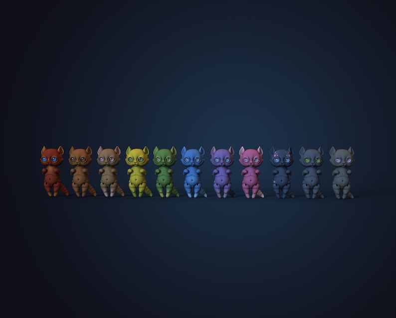 Photo studio with prussian blue backdrop. Horizontal row of 11 digital ball jointed anthro cats in adjacent colours with colourful eyes.
