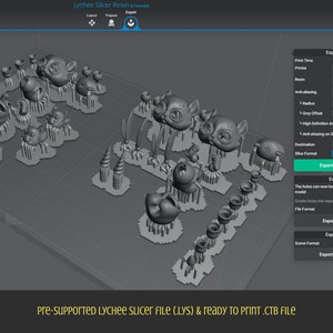 Screenshot of Lychee slycer showing a ball jointed cat being auto supported and export settings.