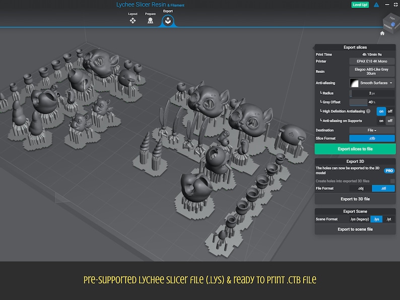 Screenshot of Lychee slycer showing a ball jointed cat being auto supported and export settings.