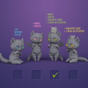 4 3D printable gray ball jointed cat dolls in deep purple studio. First and last sit, middle ones stand on hind legs. Describes additional parts coming with each tier of downloadable cat BJD.