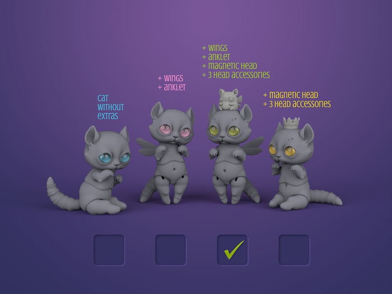 4 3D printable gray ball jointed cat dolls in deep purple studio. First and last sit, middle ones stand on hind legs. Describes additional parts coming with each tier of downloadable cat BJD.