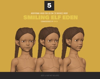3D Printable BJD Doll Head for 33 cm (13 inches) Body. Smiling Elf Eden Version 5. Digital OBJ and STL Files