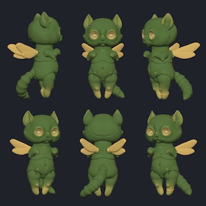 Dark grey background, 3x2 grid displaying green digital 3D printable ball jointed doll cat with dragonfly wings from various angles.