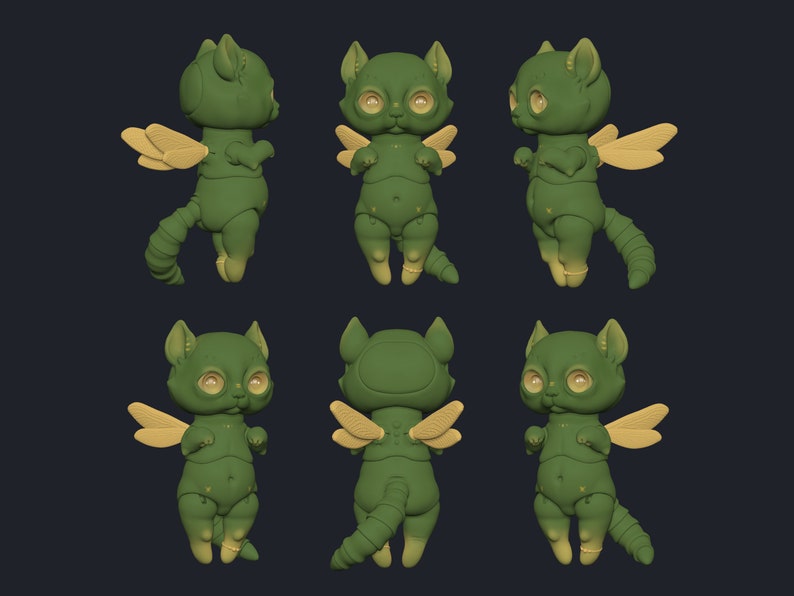 Dark grey background, 3x2 grid displaying green digital 3D printable ball jointed doll cat with dragonfly wings from various angles.