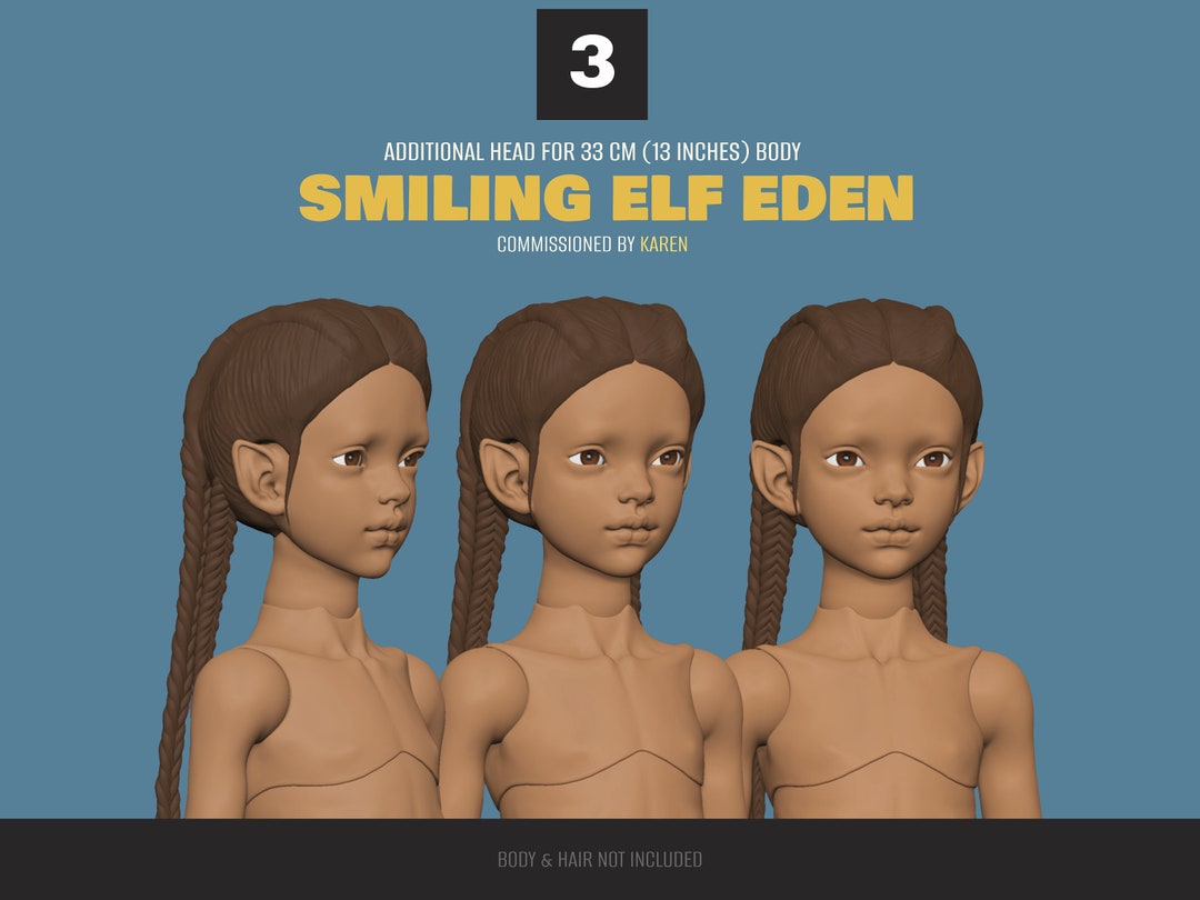 3D Printable BJD Doll Head for 33 Cm (13 Inches) Body. Smiling Elf Eden ...