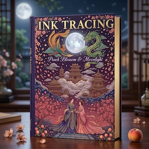Puede incluir: Un libro de tapa dura titulado INK TRACING Peach Blossom & Moonlight con una cubierta de color púrpura oscuro que presenta un dragón dorado, un fénix, una luna llena, pagodas y dos figuras con ropas tradicionales entre flores de melocotonero.
