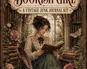 Bookish Girl Junk Journal Kit, 50 Printable Pages Vintage Library Ephemera, Cottage Academia Reading Girl Papers Tags Bookmarks Fussy Cuts