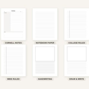 May include: A digital collection of six printable paper templates titled WHAT'S INCLUDED. The set features Cornell notes, notebook paper, college ruled, wide ruled, handwriting practice, and draw and write layouts, all displayed on a white background.
