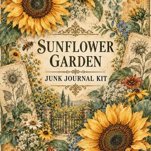 May include: A Sunflower Garden junk journal kit featuring large yellow sunflowers, green leaves, small blue flowers, and bees. The center text reads Sunflower Garden Junk Journal Kit, surrounded by a decorative border and a honeycomb pattern.