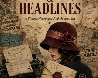 Love Lies and Headlines Junk Journal Kit, 50 Printable Pages Vintage Newspaper Mystery Romance, Noir Detective Ephemera, Instant Download