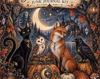Bewitched Moonlight Junk Journal Kit, 50 Printable Pages Gothic Halloween Ephemera, Owl Fox Black Cat Moonlit Papers, Instant Download