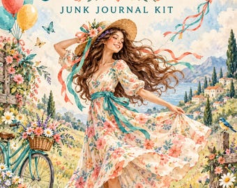 Carefree Life Junk Journal Kit, 50 Printable Pages Whimsical Watercolor Ephemera, Bicycle Beach Swing Papers, Instant Download