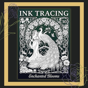 Pode incluir: Livro de colorir de traçado de tinta com uma ilustração a preto e branco de uma mulher, um pavão e flores. A capa do livro tem o texto "INK TRACING" e "Enchanted Blooms". O número "30" está num círculo no canto superior direito.