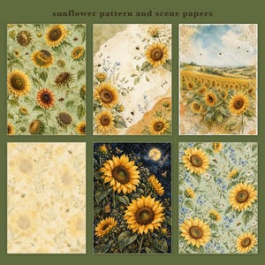 May include: Six decorative paper sheets featuring sunflower patterns and scenes. Designs include repeating sunflowers, a field landscape, a night scene with a full moon, and floral arrangements with butterflies, all in yellow, green, and blue tones.