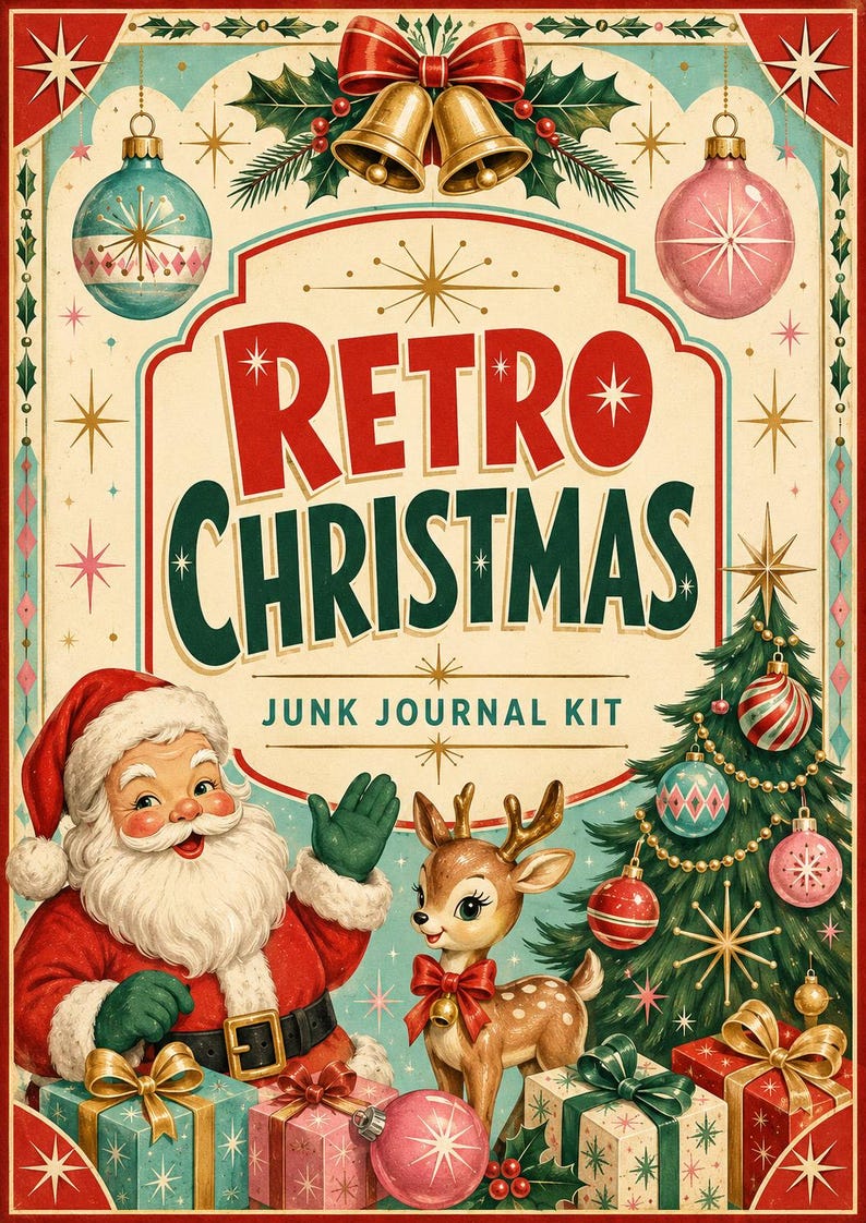May include: A Retro Christmas Junk Journal Kit cover featuring a smiling Santa Claus, a fawn with a red bow, a decorated Christmas tree, gold bells, and colorful ornaments. The text reads Retro Christmas Junk Journal Kit in red and green.